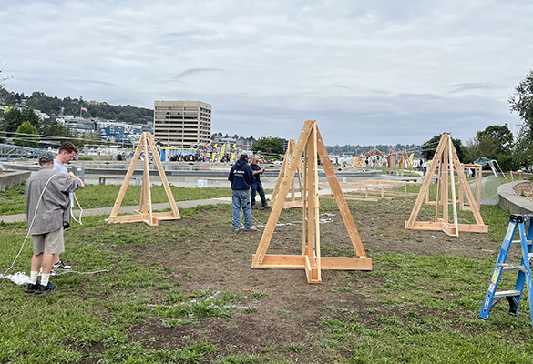 Aldrich team members Matt Perhatch, John Beaston, and Ted Clevenger (not shown) helped with the build, delivery, and set-up of the wood supports for the display. 00-aldrich-mahlum-sdf-01.jpg